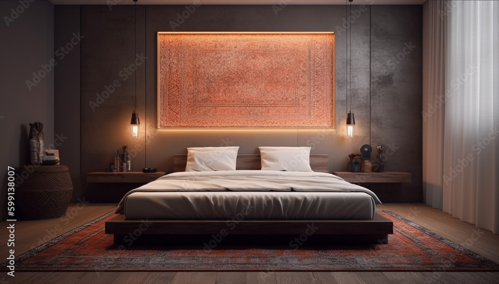 Luxury modern bedroom with elegant wood headboard generated by AI