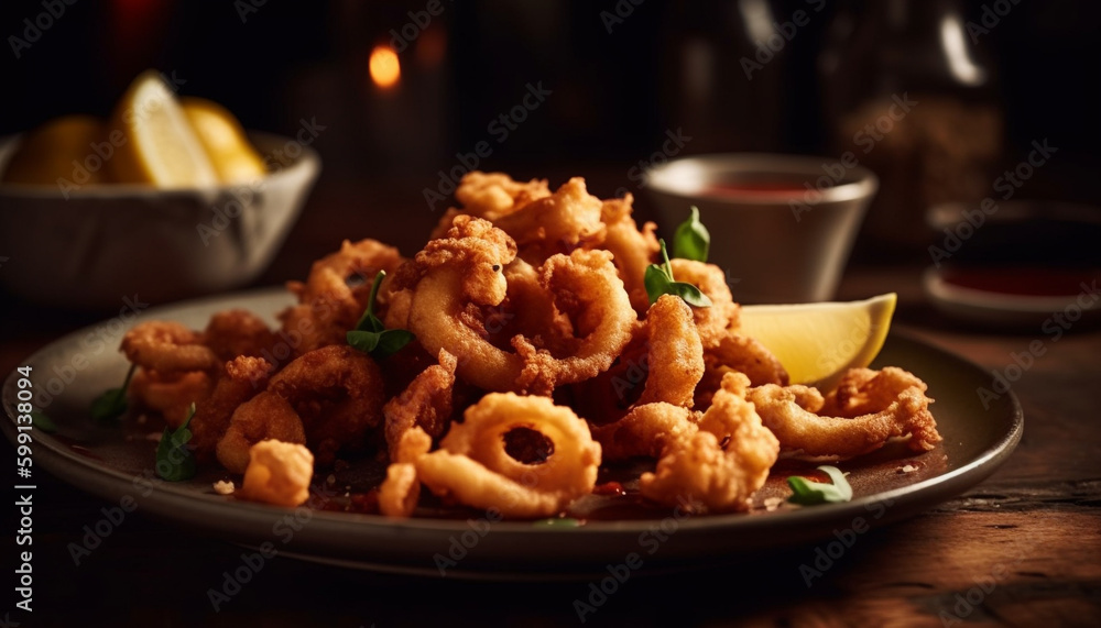 Deep fried seafood plate with lemon and parsley generated by AI