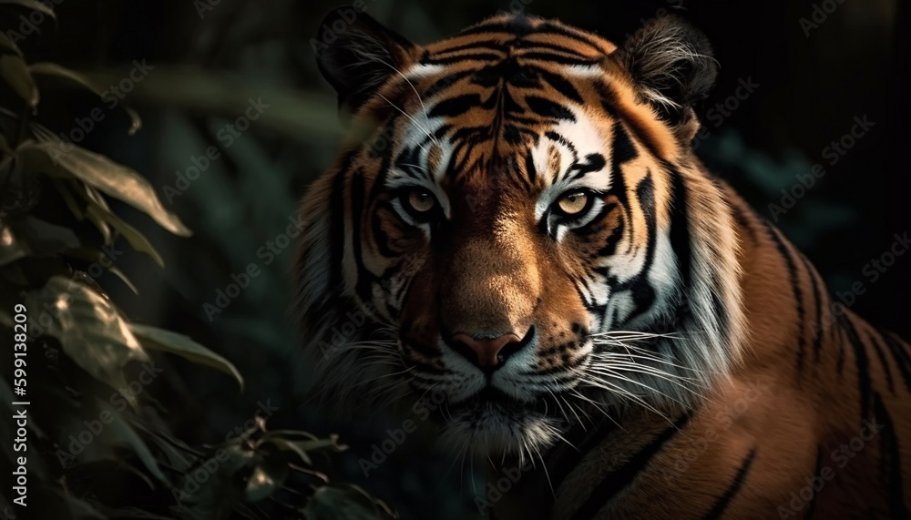 Majestic Bengal tiger staring with aggression in forest generated by AI