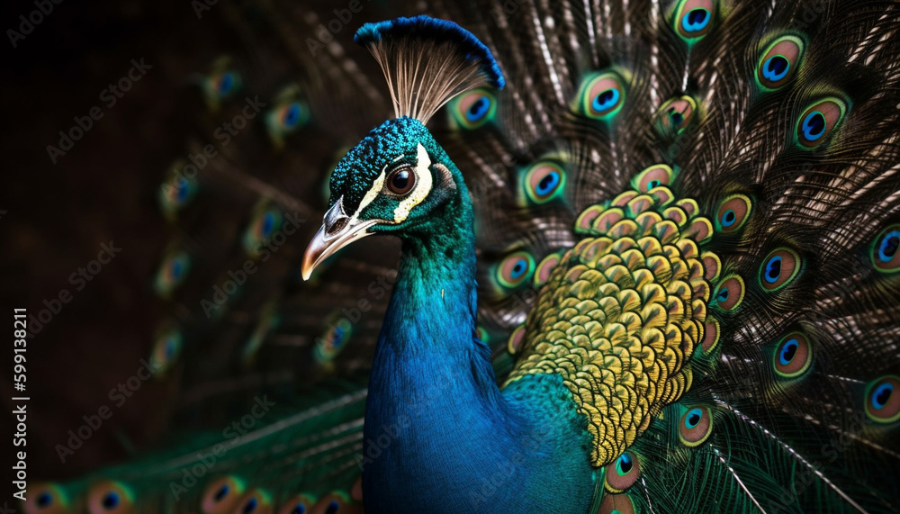 Majestic peacock displays vibrant multi colored feather pattern generated by AI