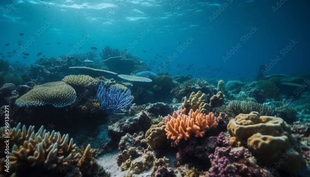 Multi colored fish swim in tranquil coral reef generated by AI