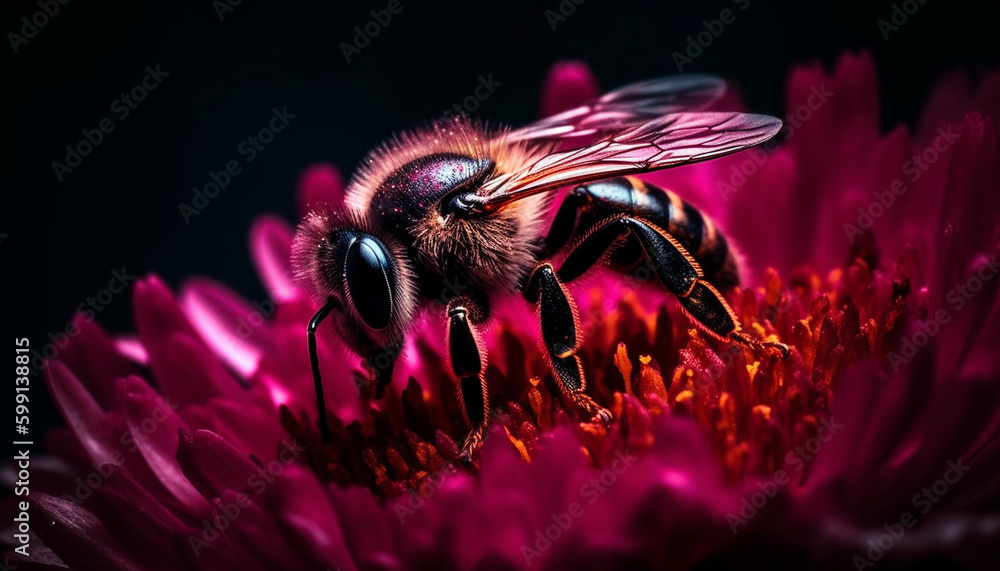 Stinging wasp pollinates purple flower in macro generated by AI