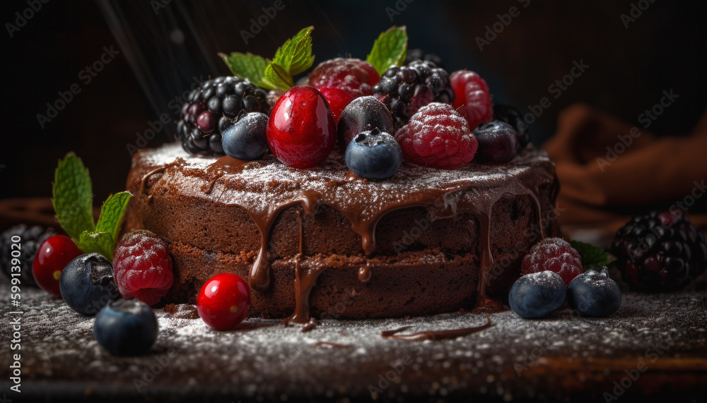 Indulgent homemade berry cheesecake on rustic wood table generated by AI