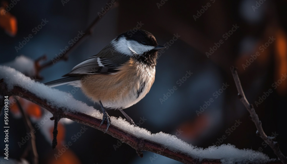 Great tit perching on snowy branch, looking cute generated by AI