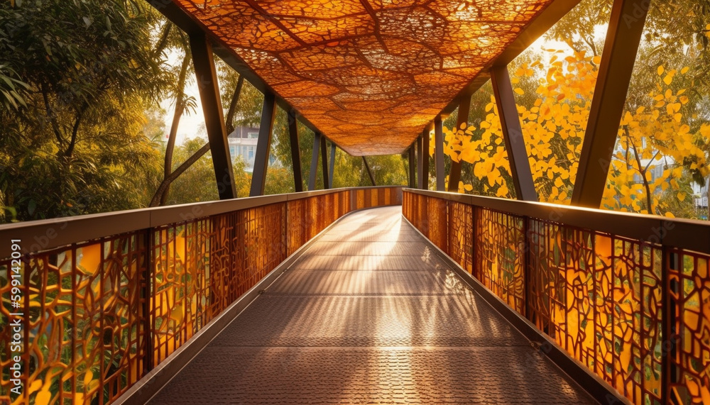 Vanishing point leads to modern steel bridge generated by AI