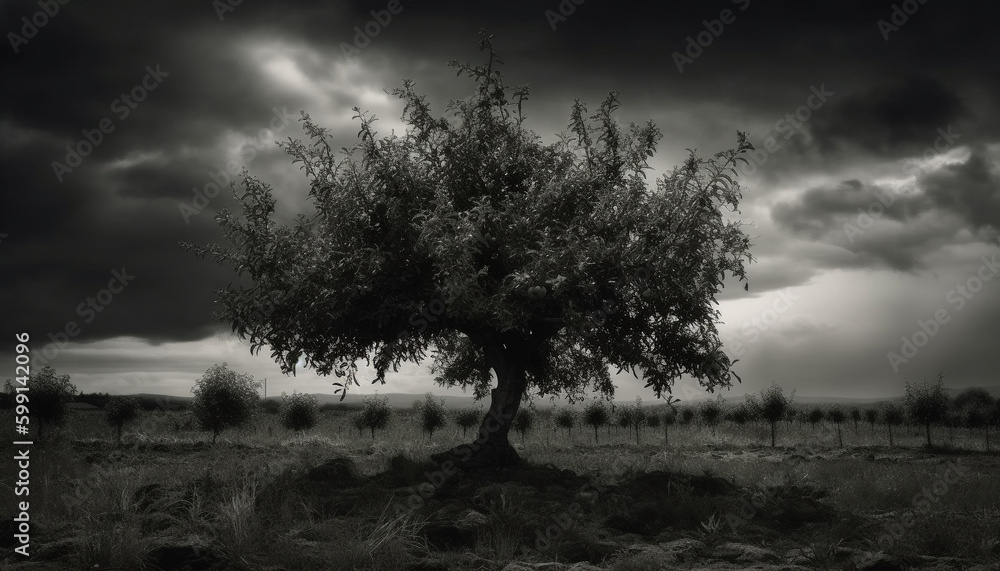 Silhouette of tree on plain at dusk generated by AI