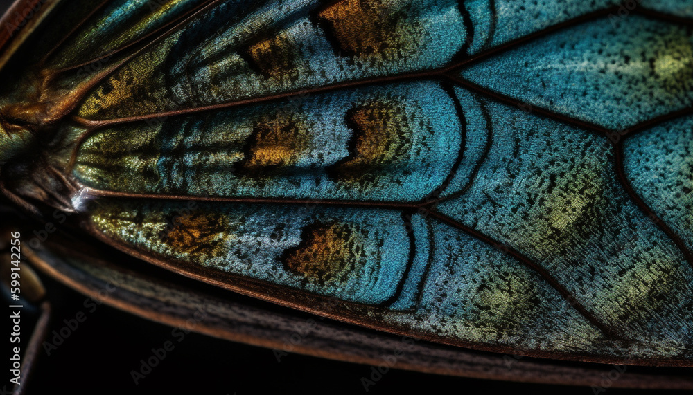 Vibrant butterfly wing, multi colored, close up beauty generated by AI