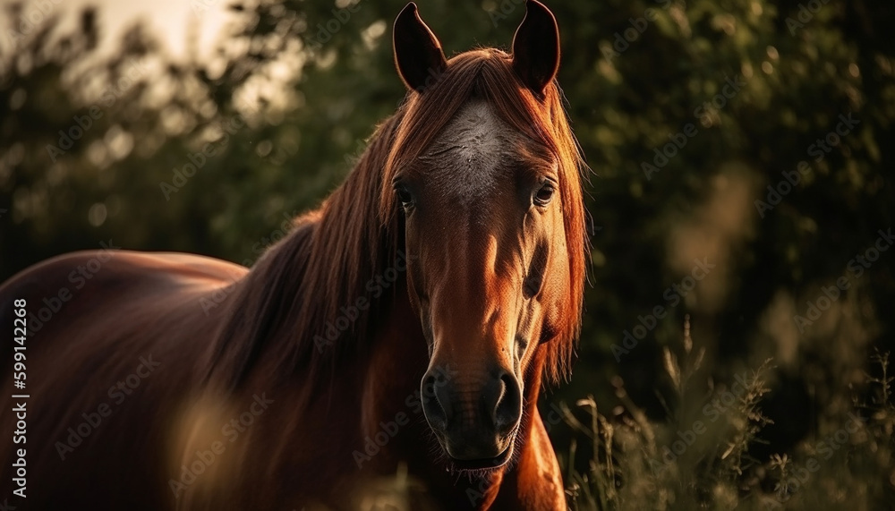 Majestic stallion grazing in tranquil meadow sunset generated by AI