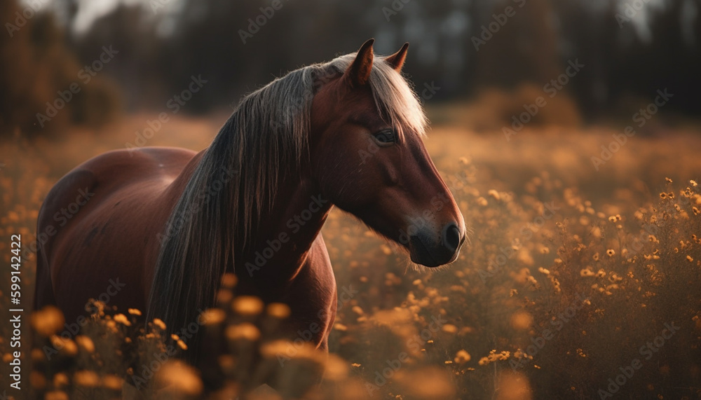 Thoroughbred horse grazing in meadow at sunset generated by AI