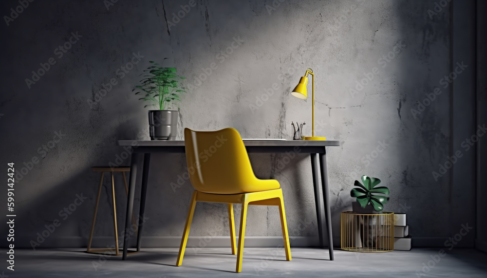 Modern yellow armchair sits on concrete flooring generated by AI