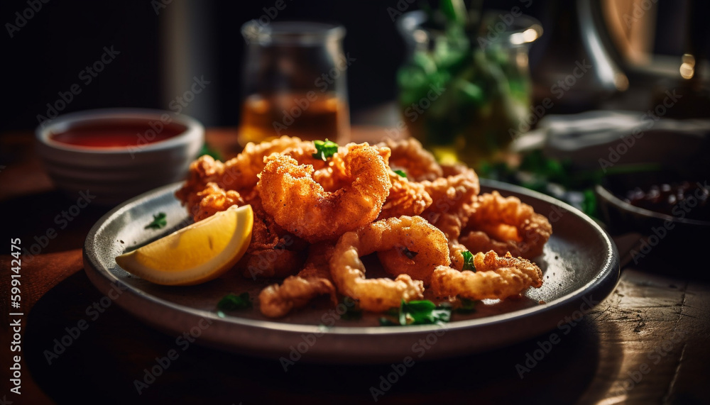 Grilled seafood plate with crunchy breaded prawns generated by AI