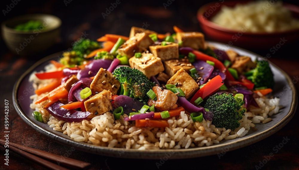 Healthy gourmet meal stir fried vegetables and quinoa generated by AI