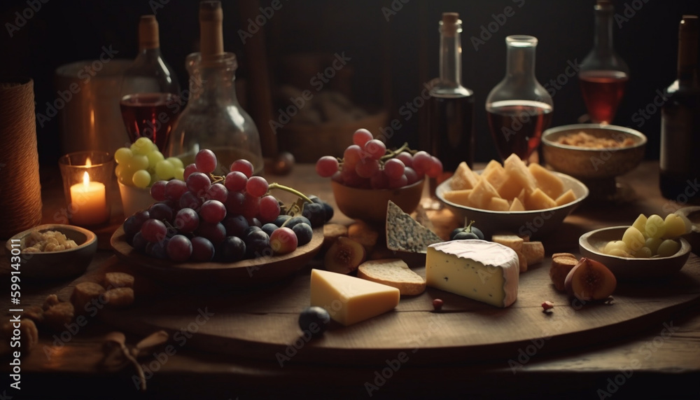 Gourmet cheese board with wine and bread generated by AI