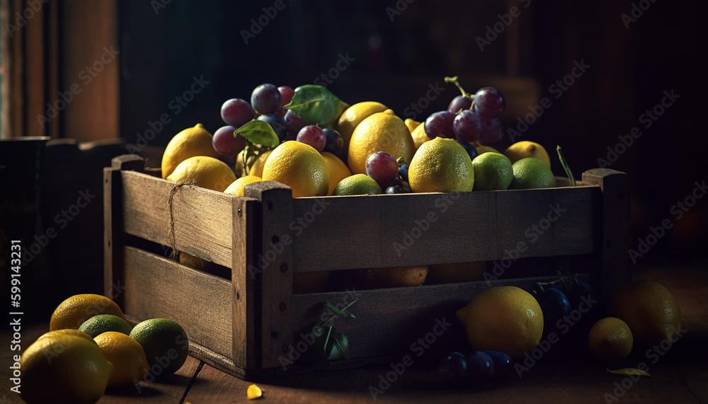 Fresh organic citrus fruit in rustic wooden crate generated by AI