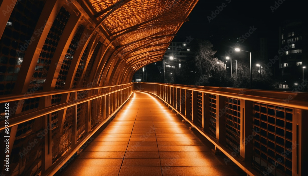 Futuristic architecture vanishing point, illuminated city life generated by AI