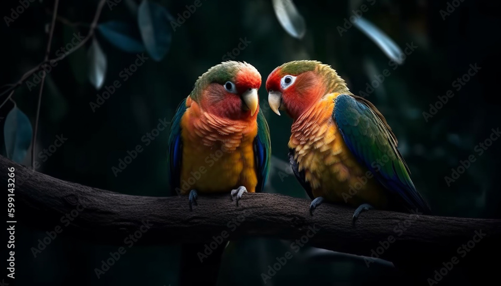 Colorful macaw perched on branch in forest generated by AI