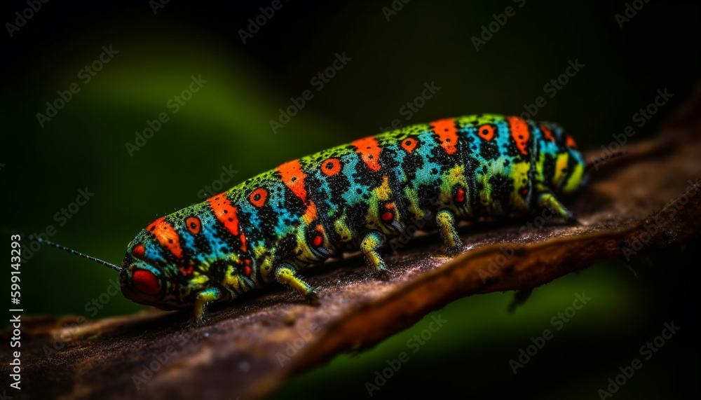 Striped caterpillar crawls on green plant outdoors generated by AI