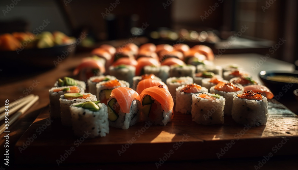 Fresh seafood meal on plate with maki sushi generated by AI