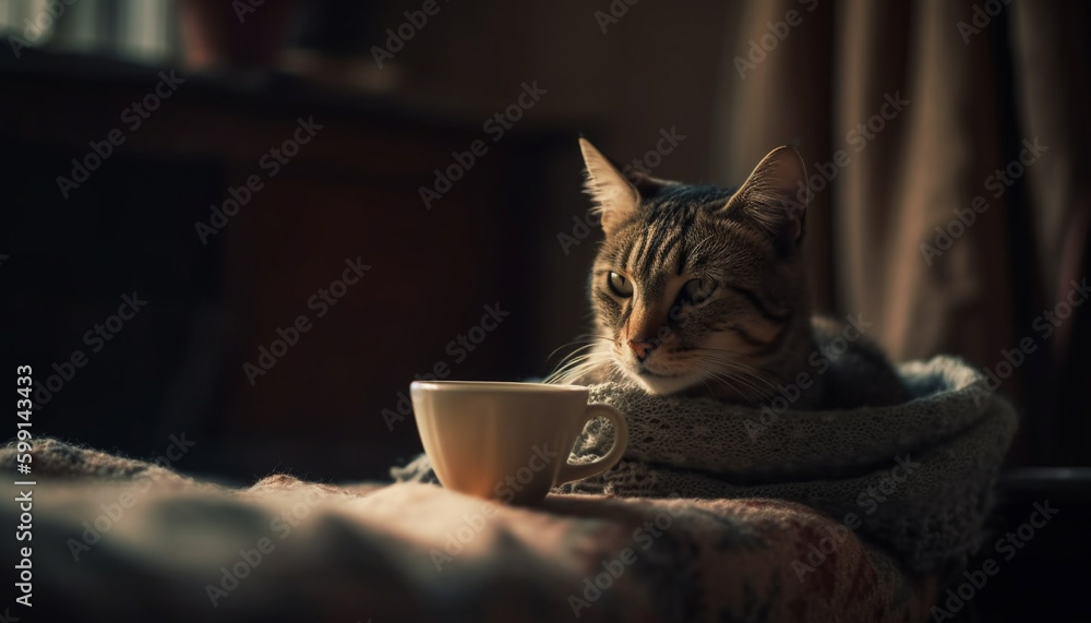 Fluffy kitten resting on pillow, drinking milk generated by AI