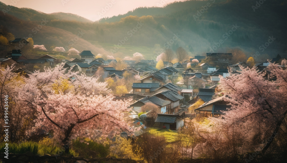 Cherry blossom tree in rural mountain landscape generated by AI