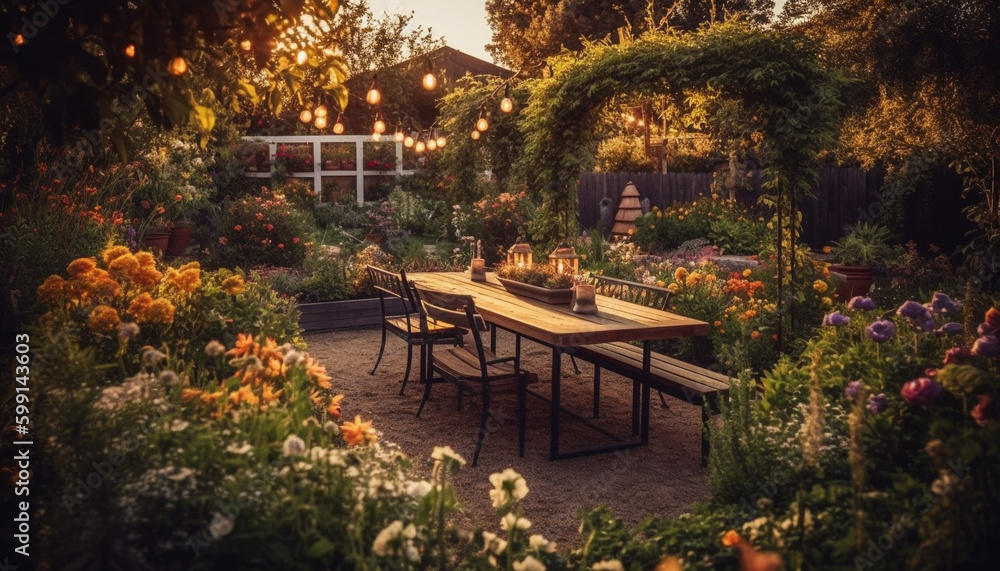 Comfortable chair in rustic backyard surrounded by nature generated by AI