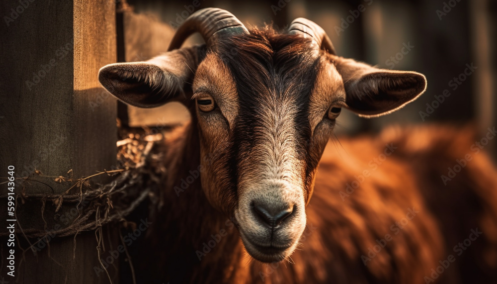 Horned goat grazing in lush green meadow generated by AI