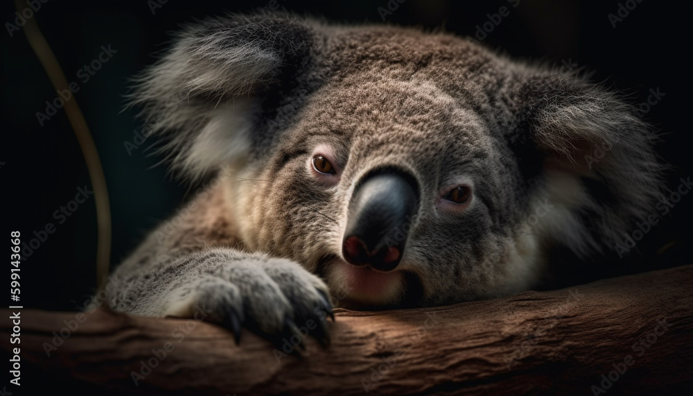 Cute koala sleeping on eucalyptus tree branch generated by AI