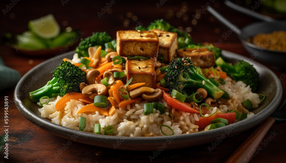 Healthy meal of stir fried vegetables and rice generated by AI