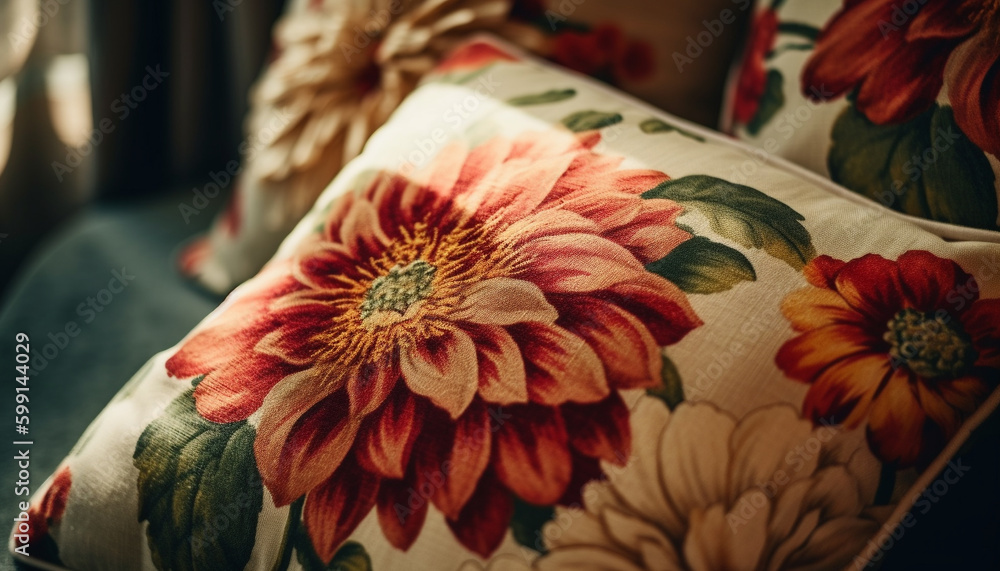 Floral elegance on old fashioned cushion and sofa generated by AI