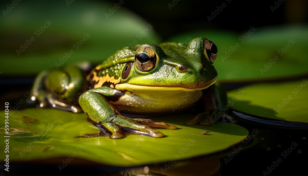 Slimy toad sitting on wet leaf outdoors generated by AI