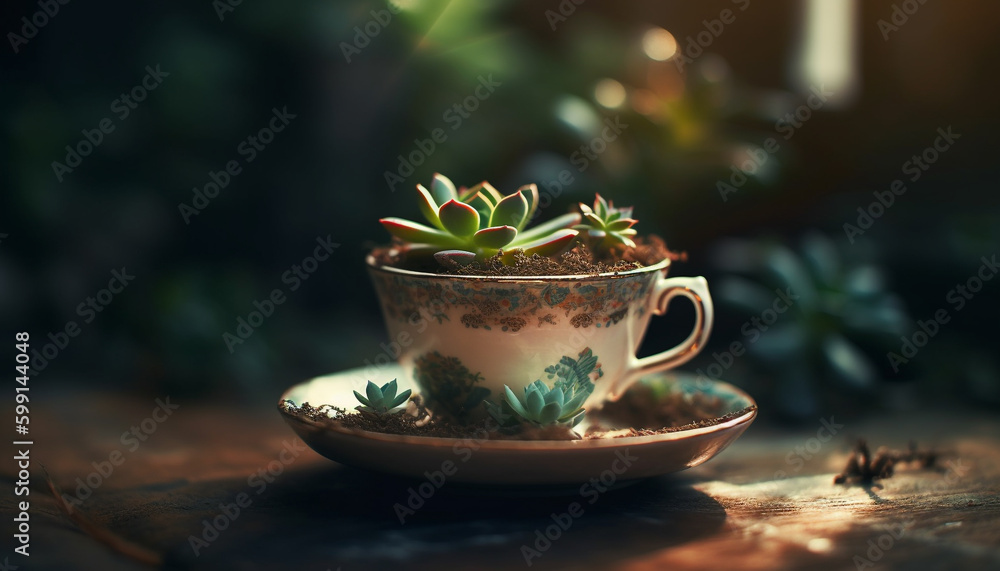 Fresh green leaves adorn rustic coffee mug generated by AI