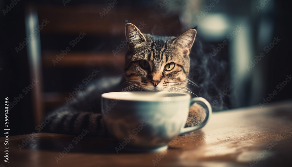 Cute kitten sitting on table, drinking milk generated by AI