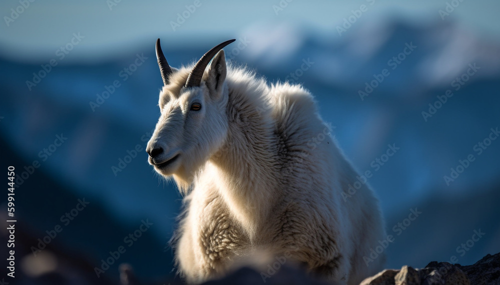 Horned goat grazing in mountain meadow generated by AI