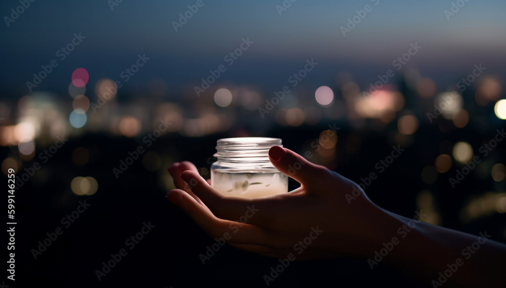 Glowing hand holds moisturizer, city skyline illuminated generated by AI