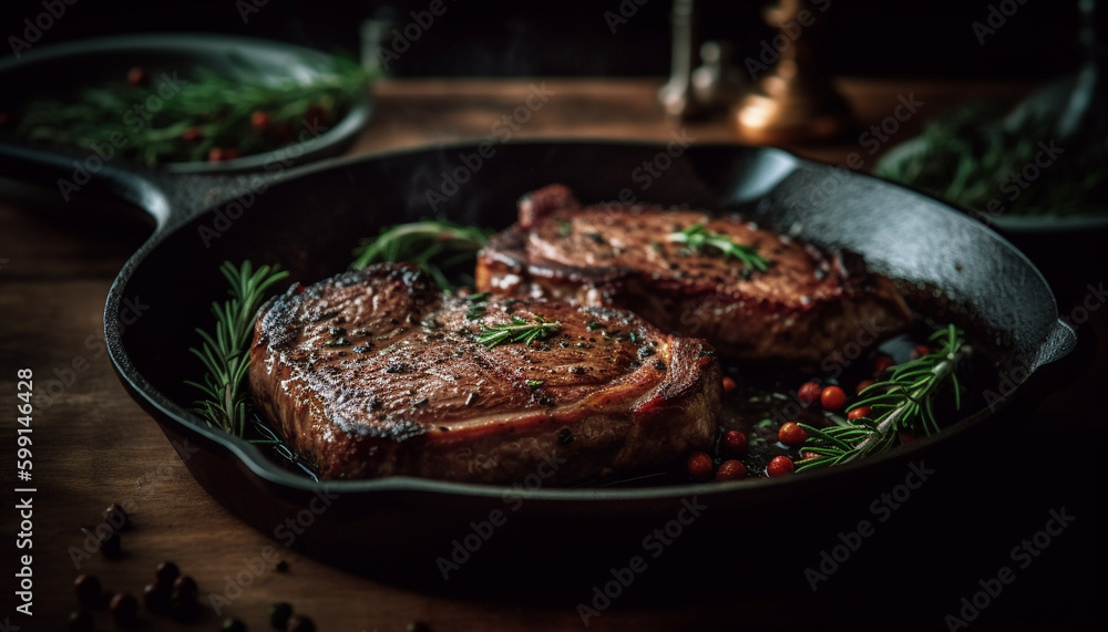 Grilled sirloin steak, cooked rare with seasoning generated by AI