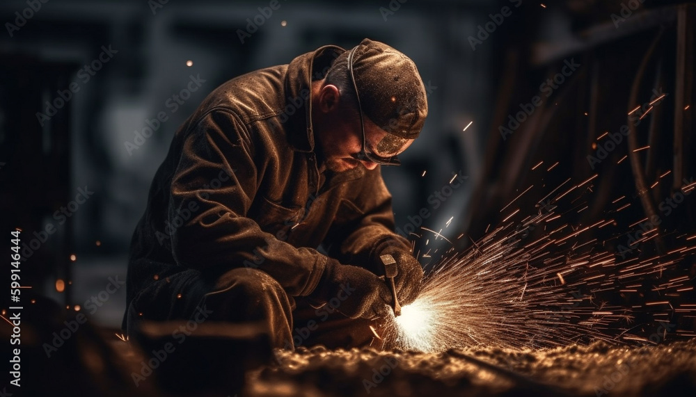 Caucasian metal worker welding steel with expertise generated by AI