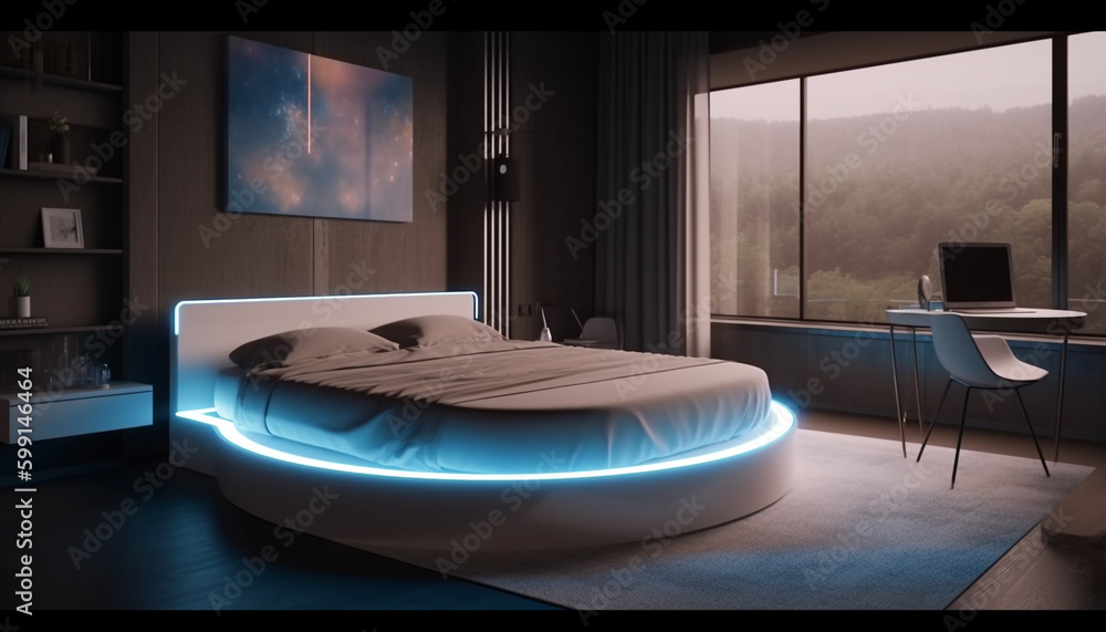 Comfortable modern bedroom with blue illuminated elegance generated by AI