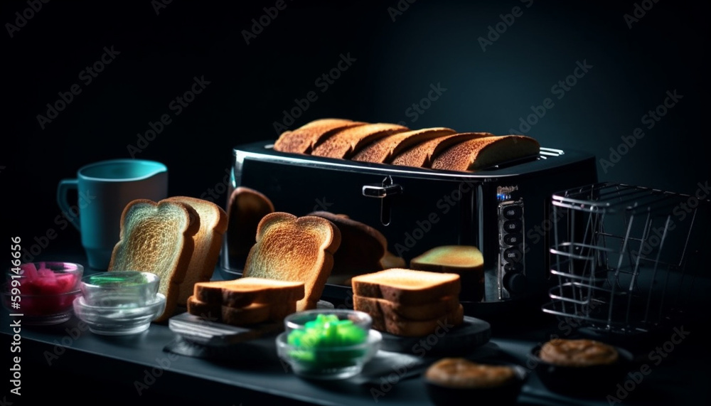 Freshly baked bread and cookies on table generated by AI