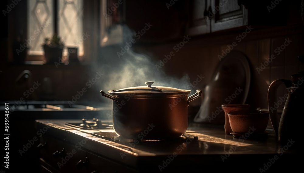 Stainless steel stove top heats cooking pan generated by AI