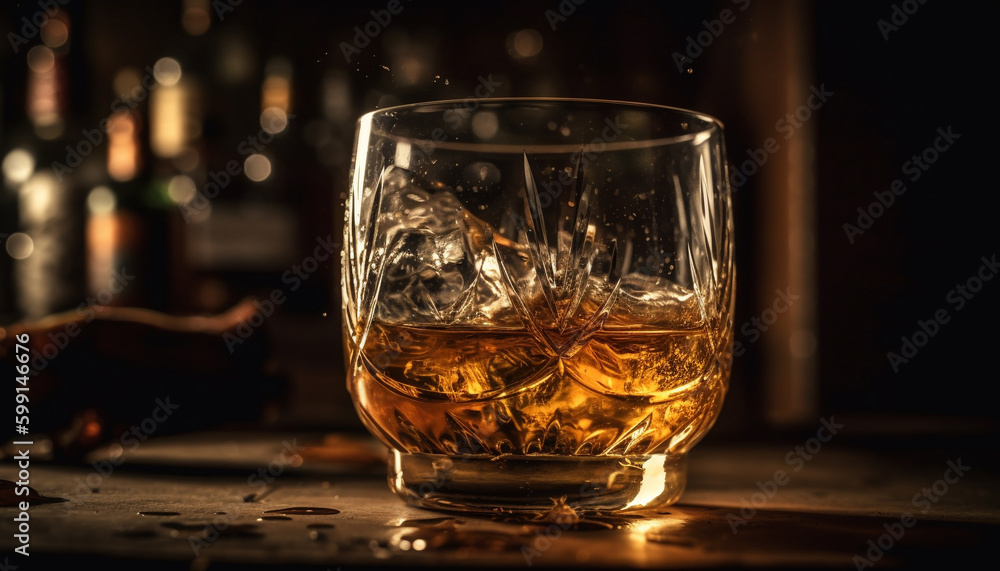 Luxury whiskey glass reflects golden party celebration generated by AI