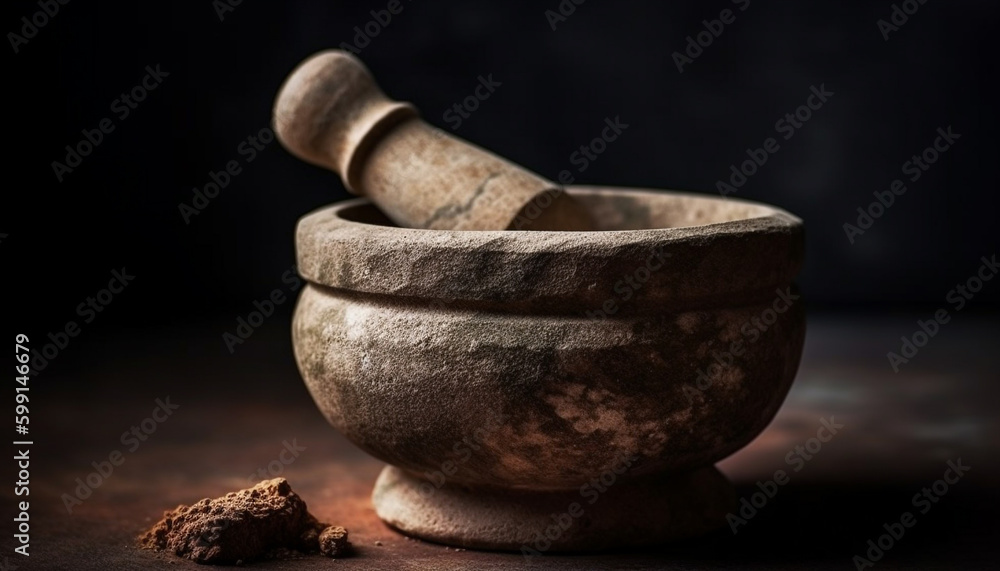 Grinding fresh herbs in rustic mortar bowl generated by AI