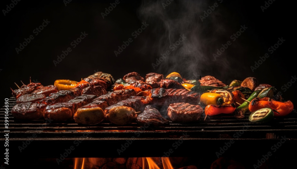 Grilled meat skewers on glowing barbecue plate generated by AI