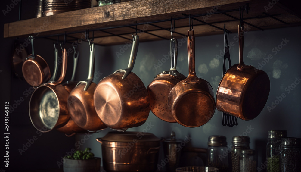 Antique kitchen utensils collection on rustic shelf generated by AI