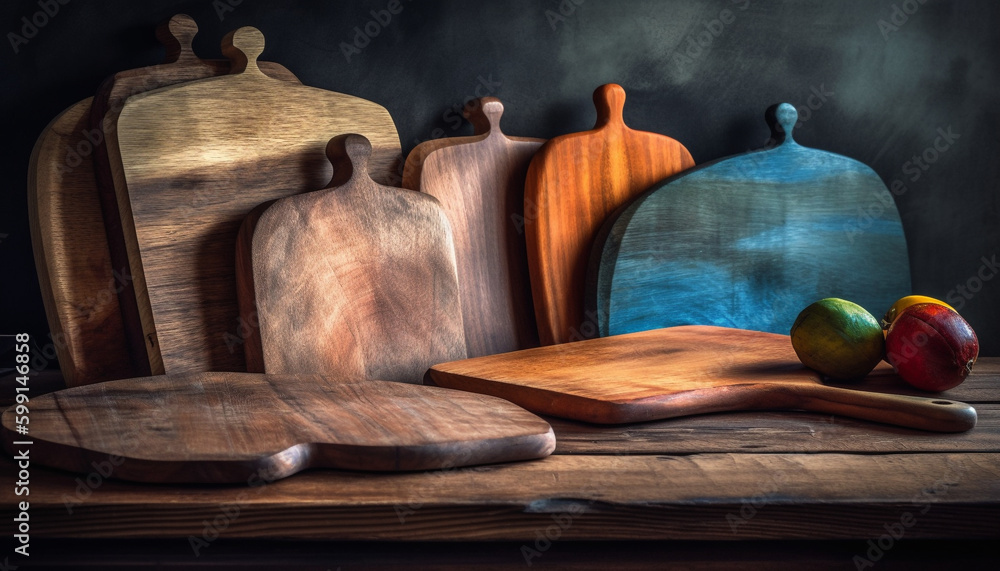 Rustic cutting board on hardwood table background generated by AI