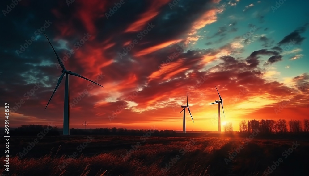 Wind turbines spin, powering sustainable energy industry generated by AI