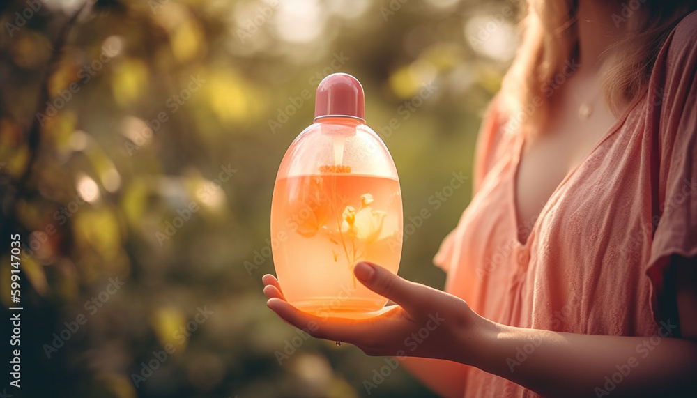 Young woman holding bottle, spraying suntan lotion generated by AI