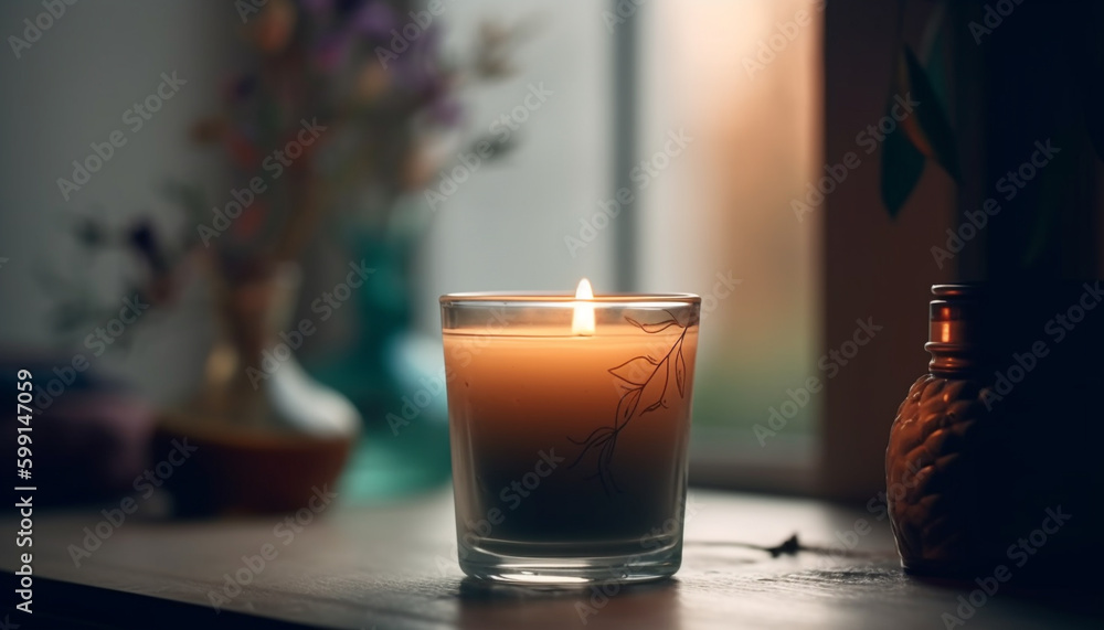 Candle burning on table, flame illuminates room generated by AI