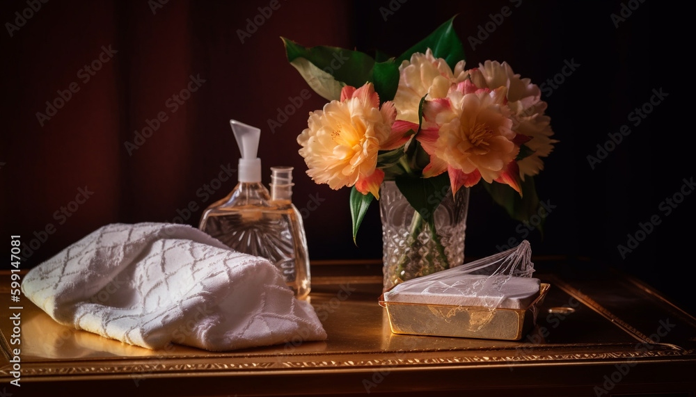 Fresh flower bouquet on wooden table indoors generated by AI