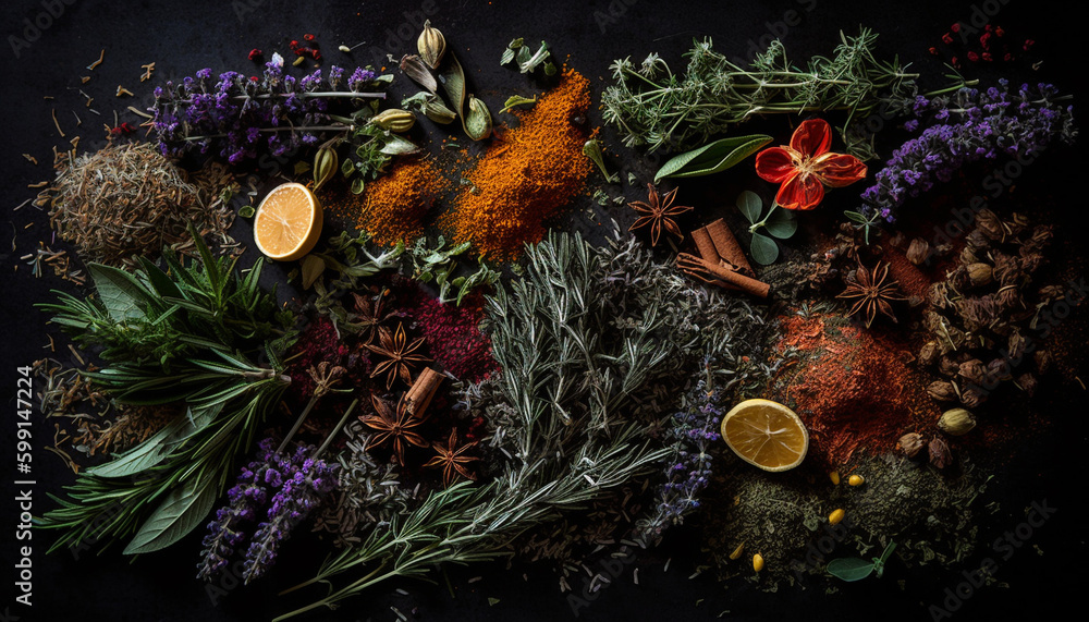 Fresh organic spices decorate rustic wooden table generated by AI