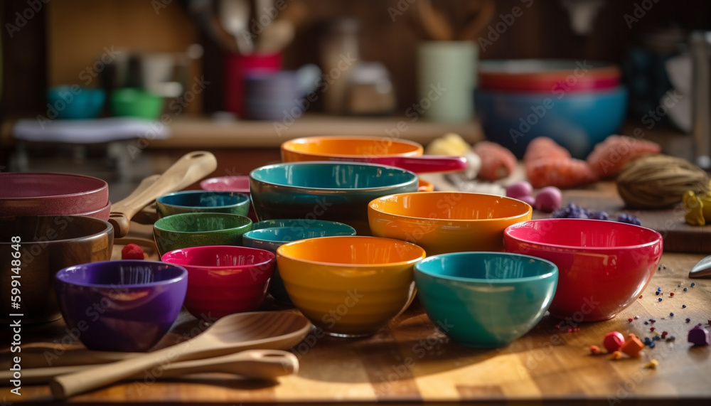 Wooden bowl with colorful utensils and spatula generated by AI